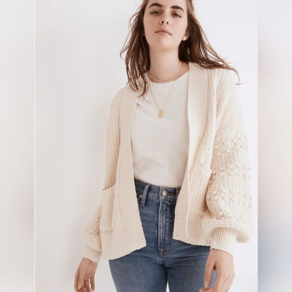 Madewell Bobble Cardigan Sweater Medium Cream Ivory Pom Pom Balloon Sleeve Knit